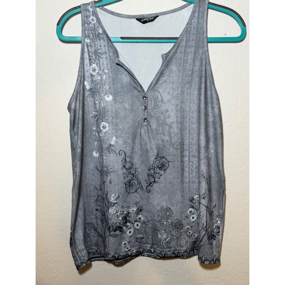 ChicMe Grey Floral Paisley Graphic Tank Top Rhinestone Buttons XL ODS3621A4